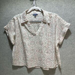 Democracy Cream Short-Sleeve Collared V-Neck Blouse, with Embroidered Print